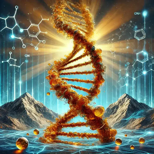 Digital artwork of a DNA double helix surrounded by golden molecules and mountains under a glowing sun.