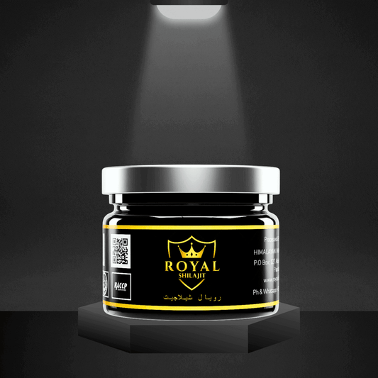 High-quality Royal Shilajit jar under spotlight, showcasing natural health benefits.