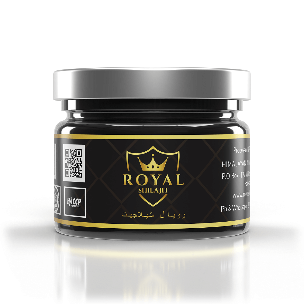Royal Shilajit Resin in glass jar with stainless steel spoon – 100% pure and authentic
