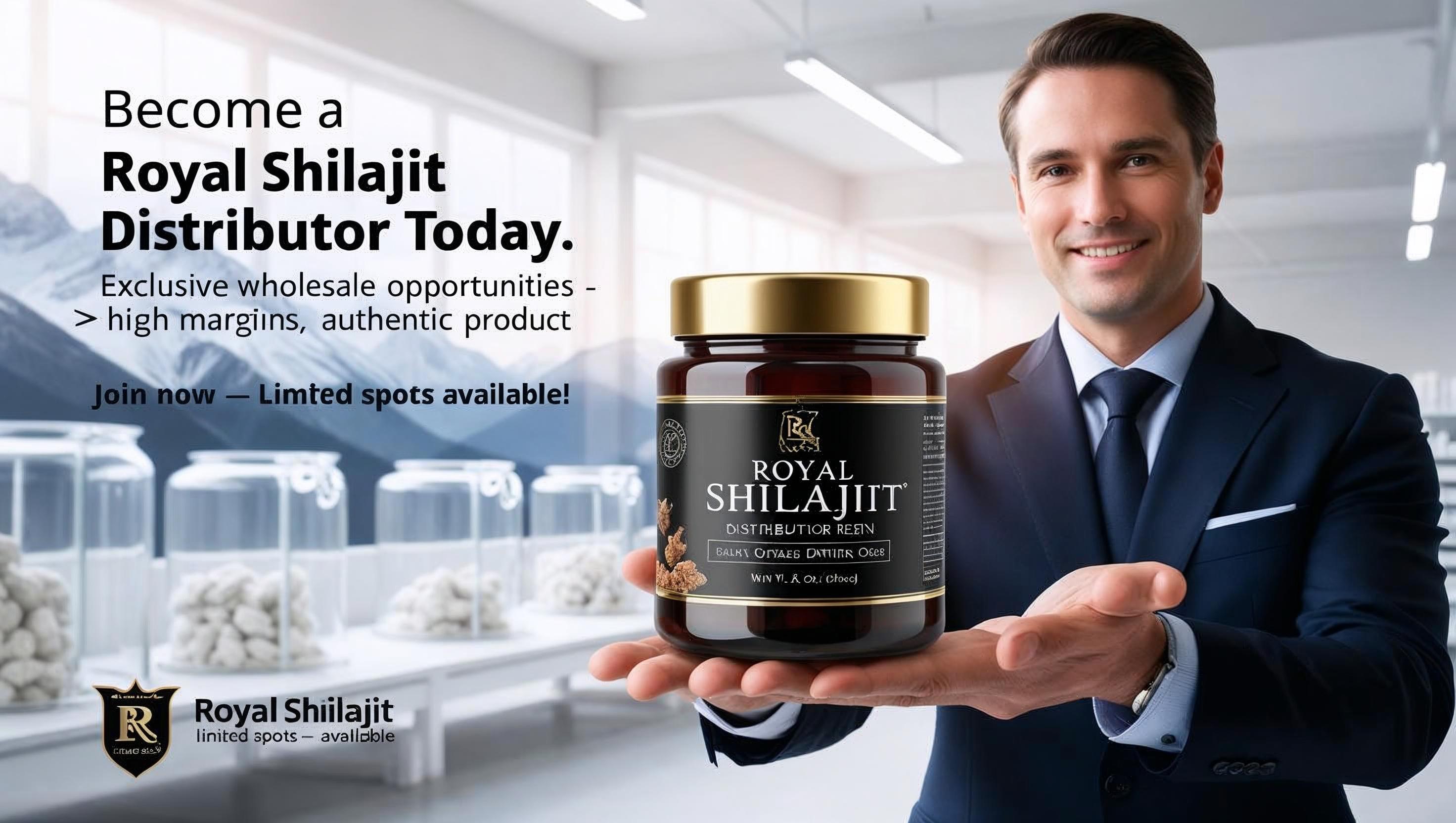 Royal Shilajit distributor program with premium resin jar, natural background, and business owner. Join now for exclusive wholesale opportunities and high margins.
