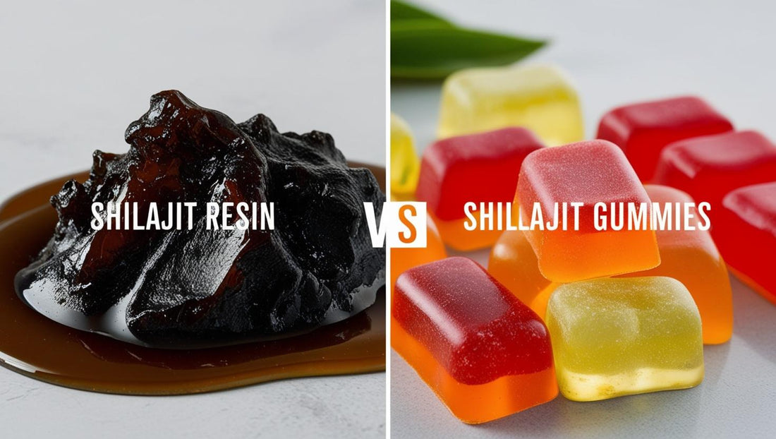 Comparison of Shilajit resin and Shilajit gummies side by side on a clean surface.